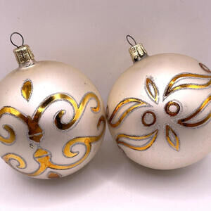 Vintage Czech Glass Gold Silver‎ Glitter 3" Round Christmas Ornaments Set of 2